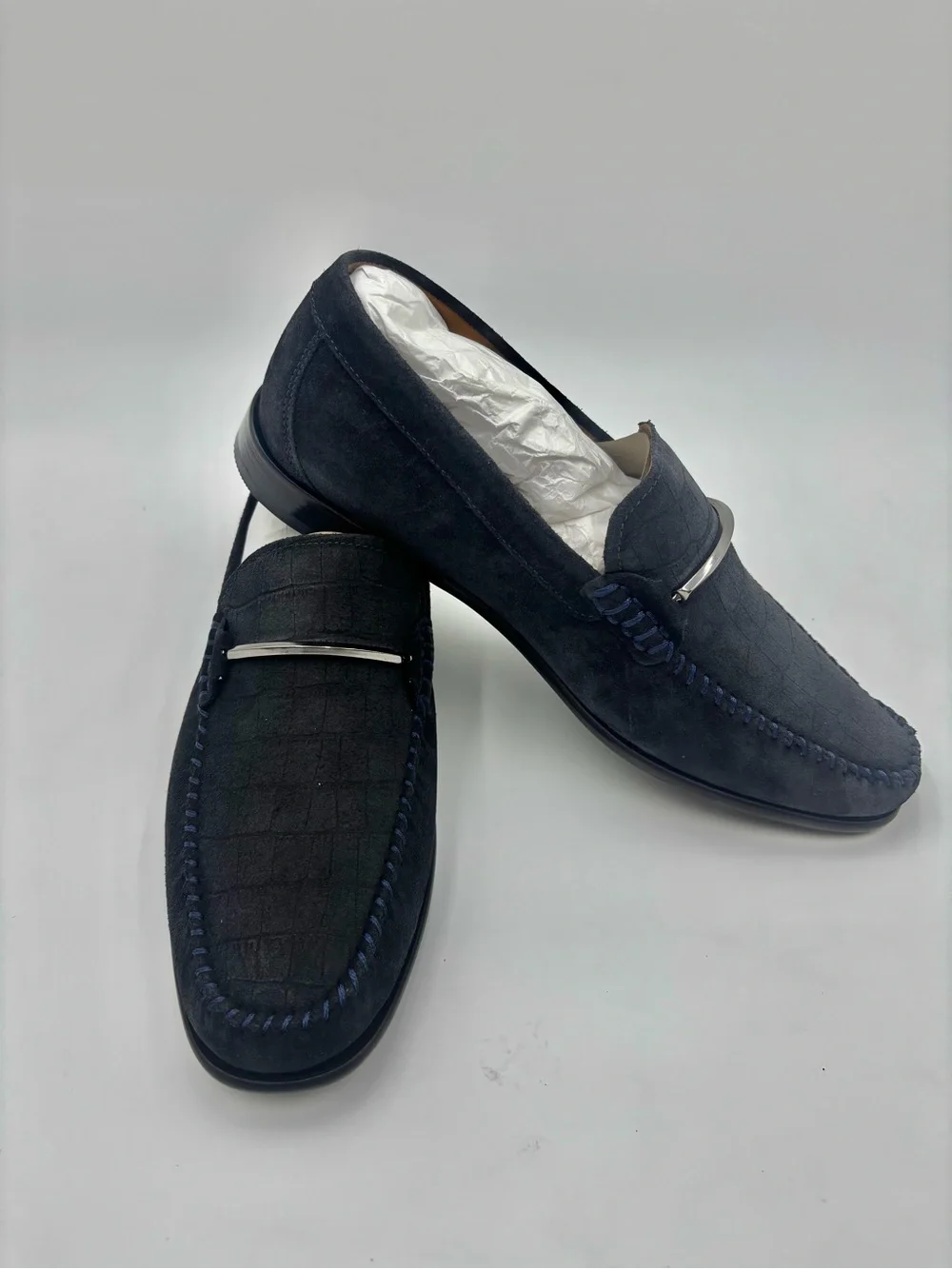 NEVER WORN- Navy Suede with Croc Emboss Bit Loafers- Flag Ltd